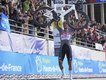Mathieu van der Poel celebrates in the velodrome after his third-straight triumph at Paris-Roubaix. (AP PHOTO)