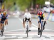 Remco Evenepoel, Tadej Pogacar and winner Mattias Skjelmose (r) cross the line in Berg en Terblijt. (EPA PHOTO)