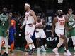 New York players celebrate another huge come-from-behind NBA playoffs win in Boston. (AP PHOTO)