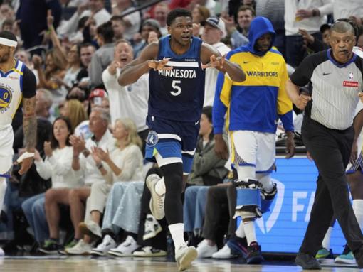 Anthony Edwards (5) has finished just shy of a triple-double in Minnesota's win over Golden State. (AP PHOTO)